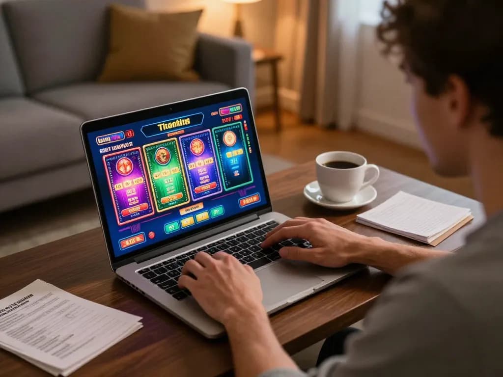 KJC players engage with online slots and table games in a comfortable home setting, promoting strategic gambling techniques.