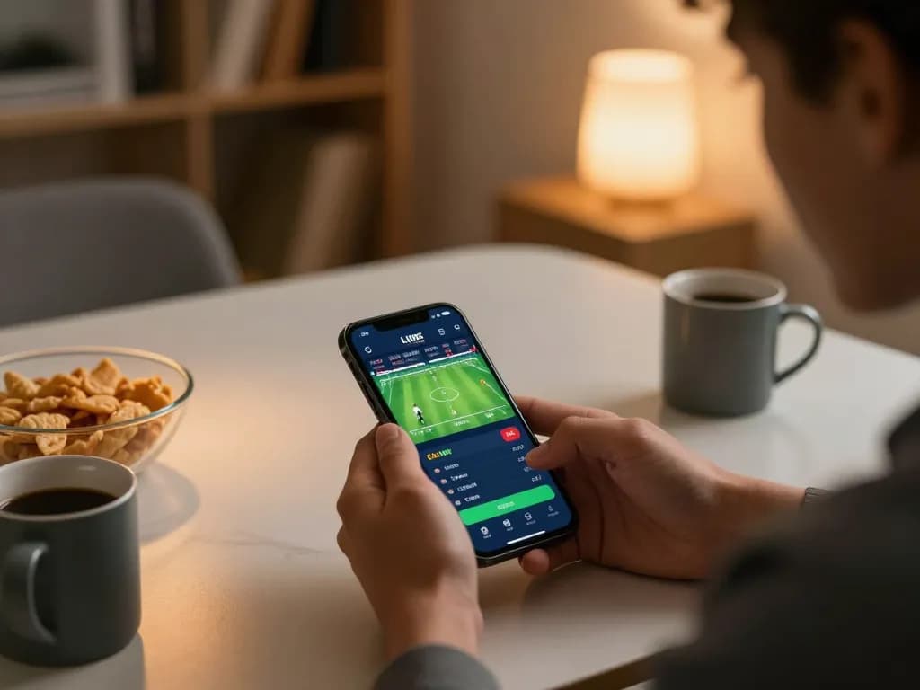 Engaging in 7meter Judi Bola betting on smartphone during live sports events.