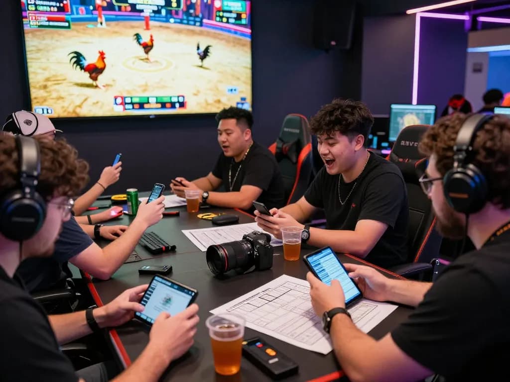 Dynamic online gaming experience at Gavn99 with diverse players enjoying rooster fights and engaging in betting strategies.