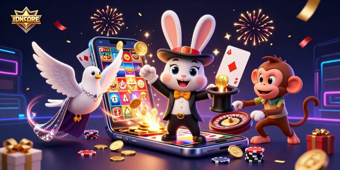 Engage with IDNSCORE’s magical gaming atmosphere featuring a whimsical scene of playful characters amidst casino elements.