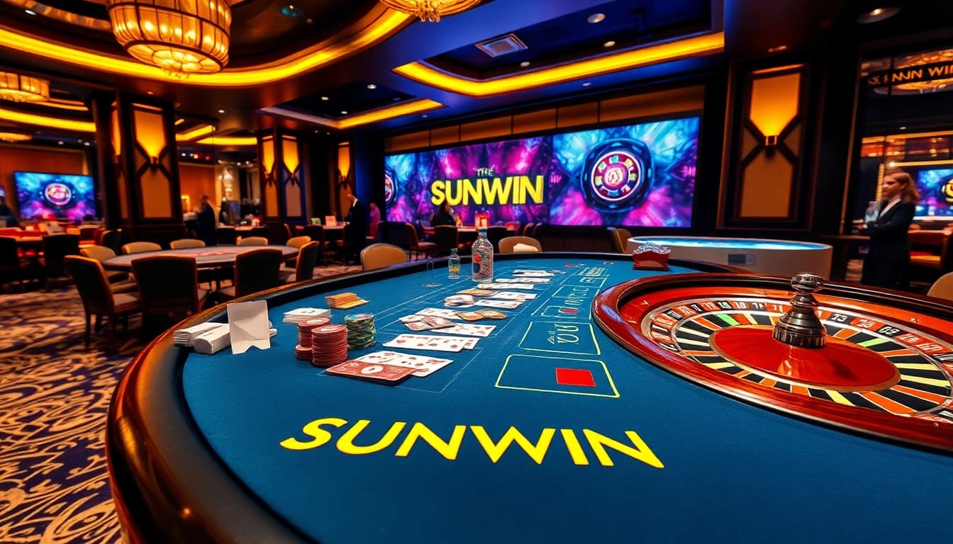 Play exciting card games at SUNWIN's luxurious casino table filled with vibrant chips and cards.