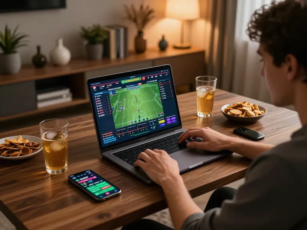 TX88 sports betting scene with player engaged at home using laptop, showcasing lively gaming atmosphere.