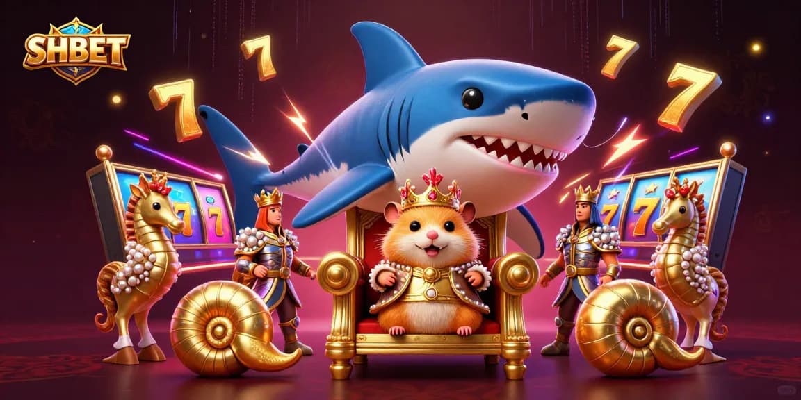 Engage with SHBET's golden hamster king in a vibrant casino scene filled with dynamic slot reels and electric energy.
