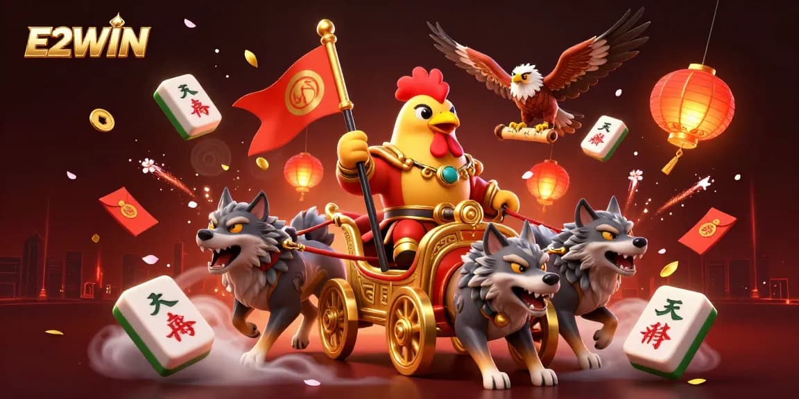 E2WIN showcases an exciting 3D rooster warlord scene amid festive elements for casino enthusiasts.
