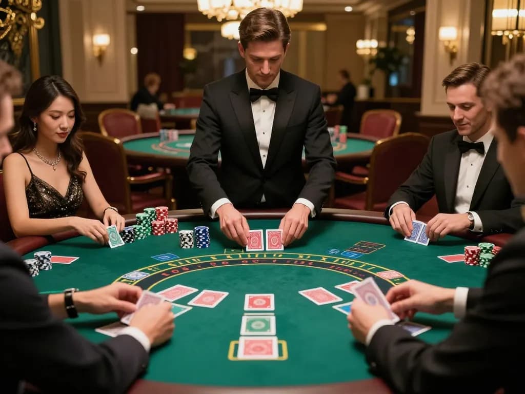 okwin blackjack players engaging with intense action at elegant casino table