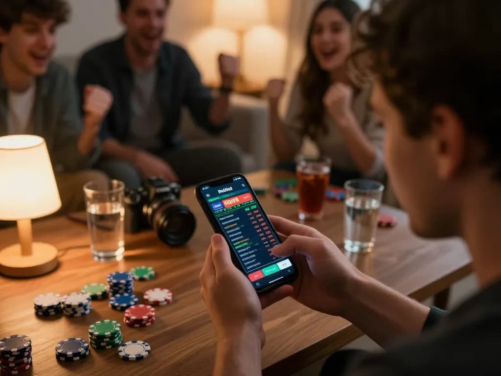 Engaging sports betting scene with Parlay Skor88 app in focus, showcasing strategic gambling decisions.