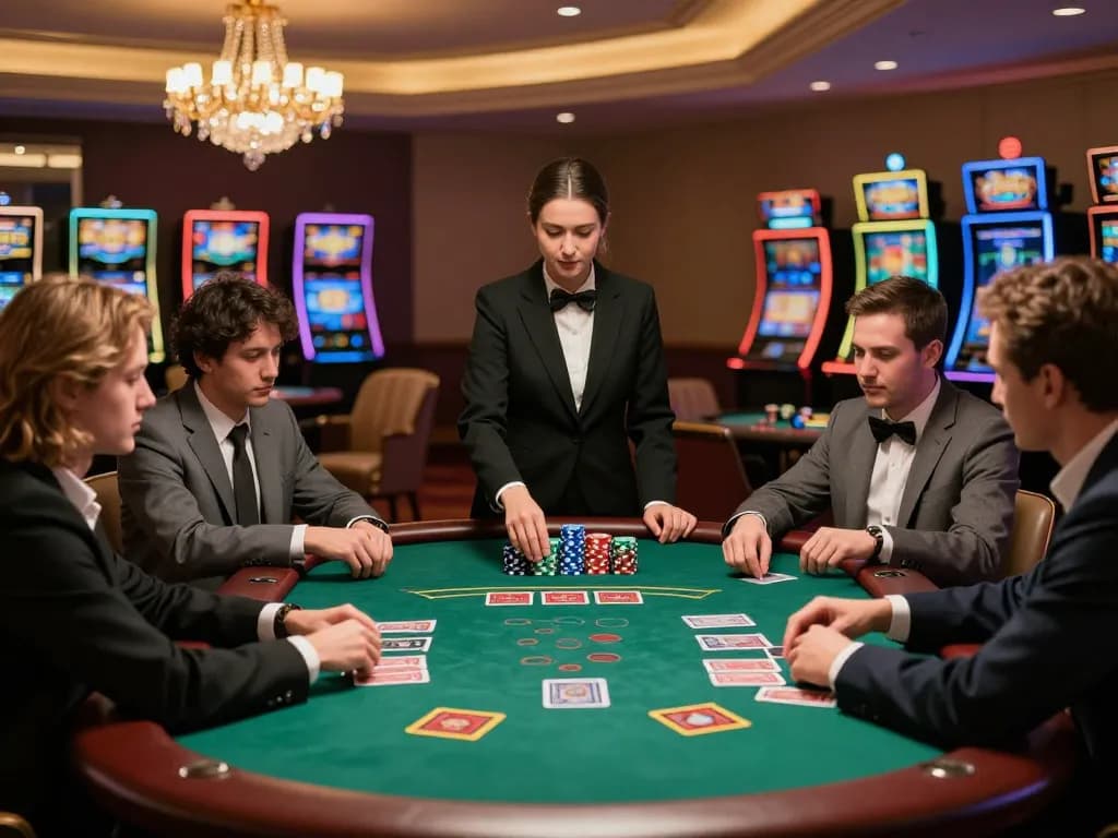 Players enjoying a thrilling game of blackjack at Fun 88's luxurious casino table under warm lighting.
