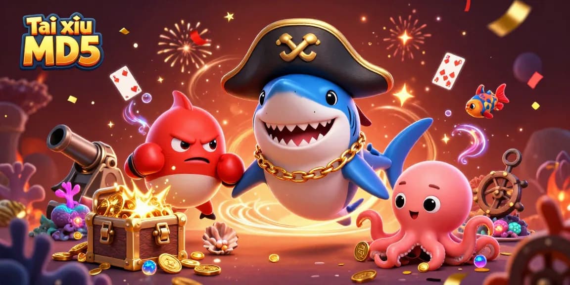 Tài xỉu MD5 adventure featuring a pirate shark, pufferfish, and octopus surrounded by gold coins and casino elements