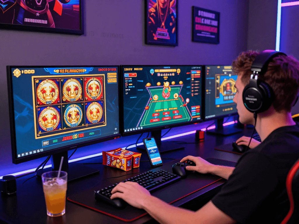 Pengalaman bermain di https://jandaslot88.com/ dengan monitor game yang menampilkan permainan slot, suasana gaming yang dinamis.