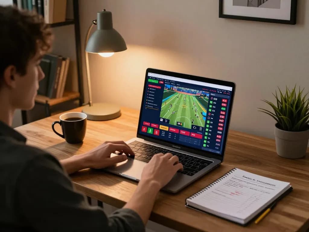 VN789 player actively engaging in online sports betting with strategic notes and cozy home setup
