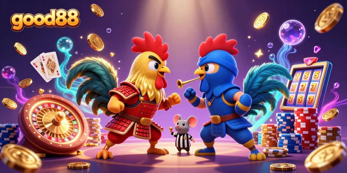 good88 features dynamic casino gameplay with cartoon roosters, coins, and sparkling gems.