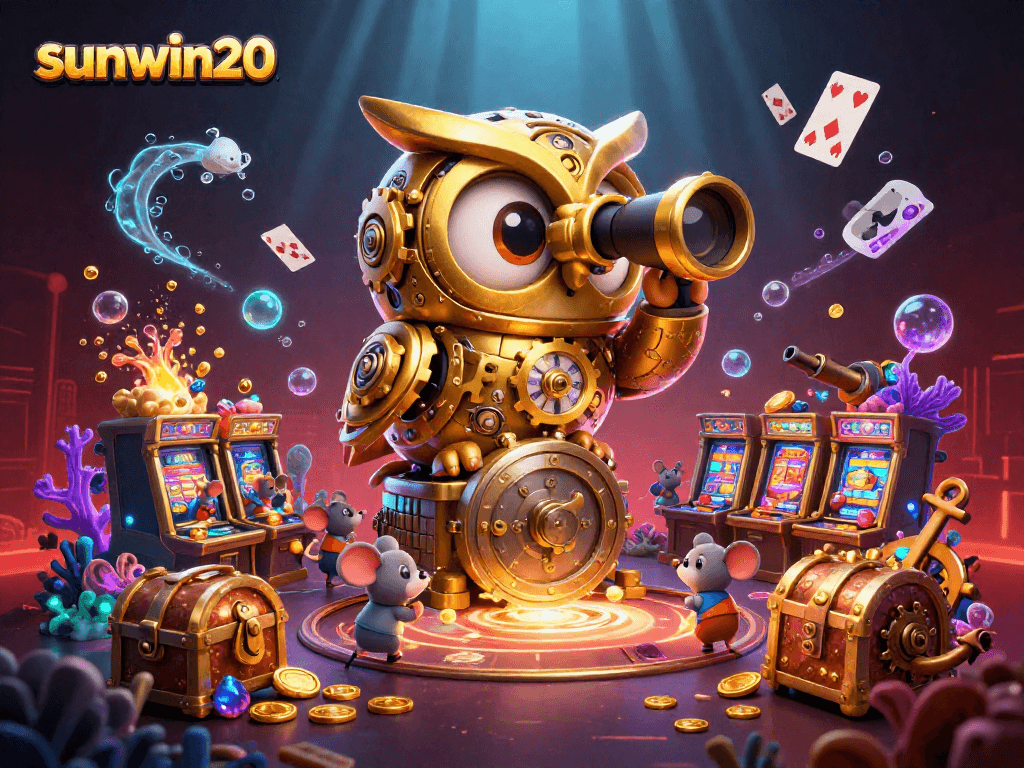 Experience the thrilling world of gaming with sunwin20's vibrant 3D casino illustration featuring dynamic characters and gold coins.