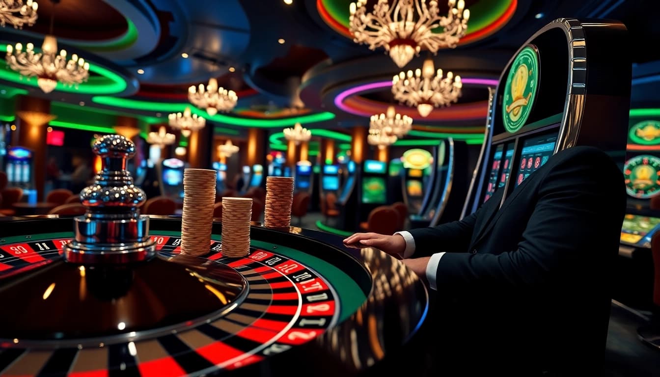 Experience the thrill of gambling at https://33win68.io/ with a vibrant casino scene featuring poker chips and roulette wheels.