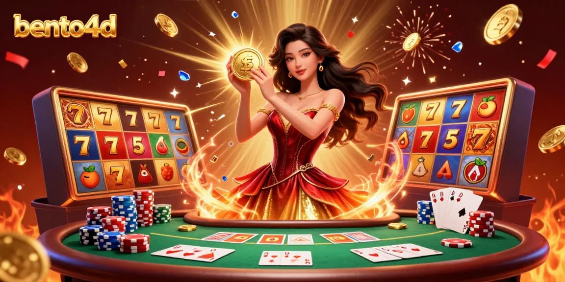 Bento4d menawarkan pengalaman judi online yang menarik dengan gulungan slot yang cerah dan aksi poker, menampilkan elemen permainan yang dinamis.