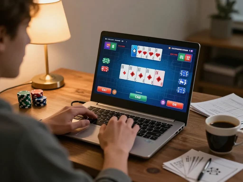 Engaging in poker gameplay on 555win's platform, showcasing strategy and excitement in a cozy home setup.