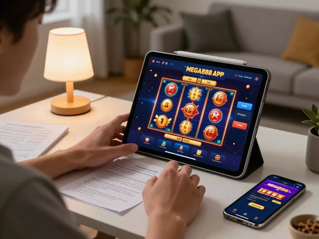Engaging in mobile casino gaming using mega888 apk with vibrant slot games displayed on a tablet.