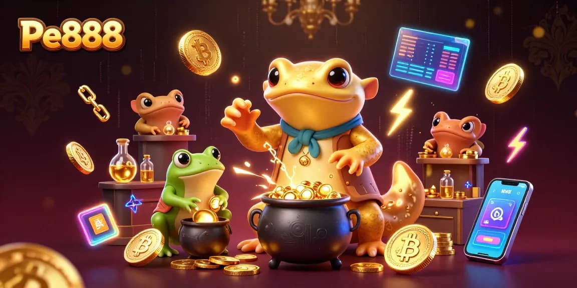Engage with Pe888 as the giant salamander alchemist crafts gold coins in a mystical casino scene.