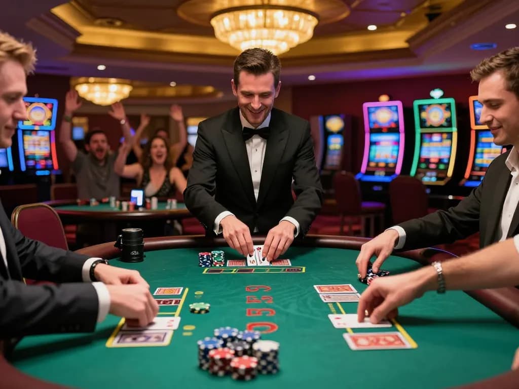 Engaging blackjack table with strategic players making pragmatic bets and dealer interacting warmly.