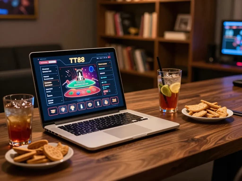 TT88 online gamer planning betting strategy with laptop and drinks in cozy ambiance
