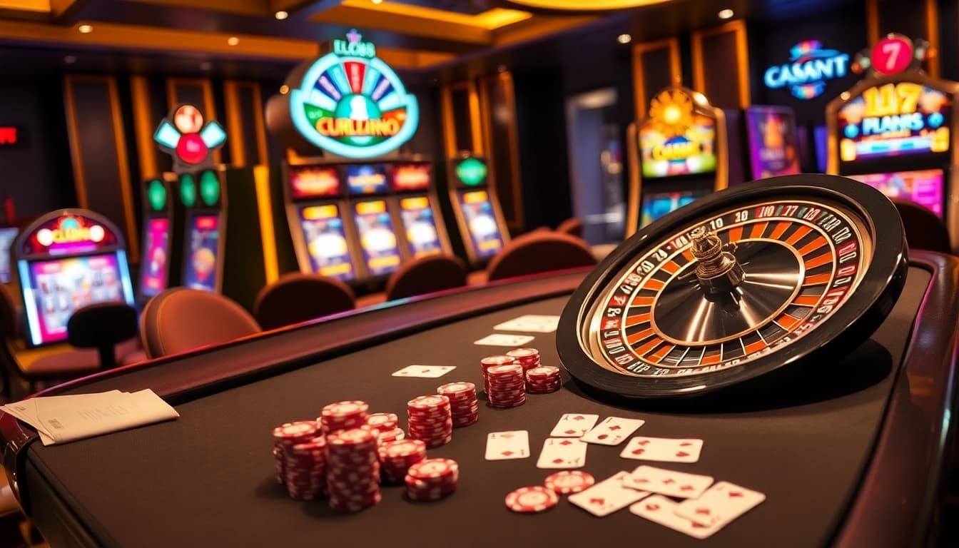 Experience the excitement of LC88 in a luxurious casino setting with vibrant poker tables and roulette wheels.