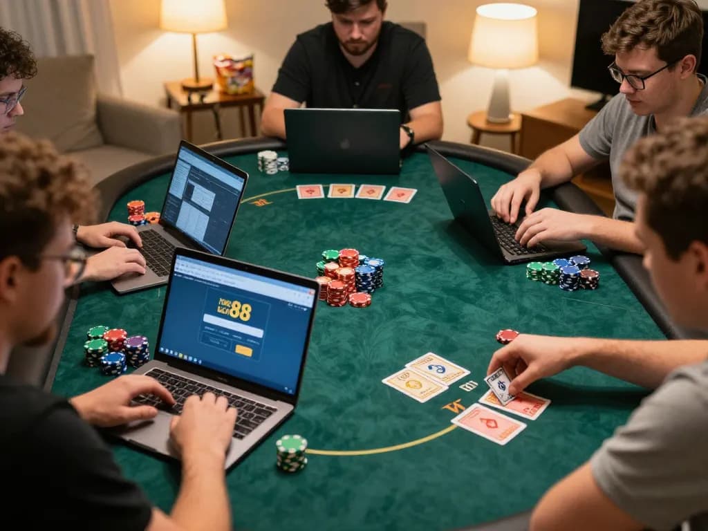Engaging scene of Poker 88 Login as players place bets in an online poker game at home, highlighting competitive strategy.