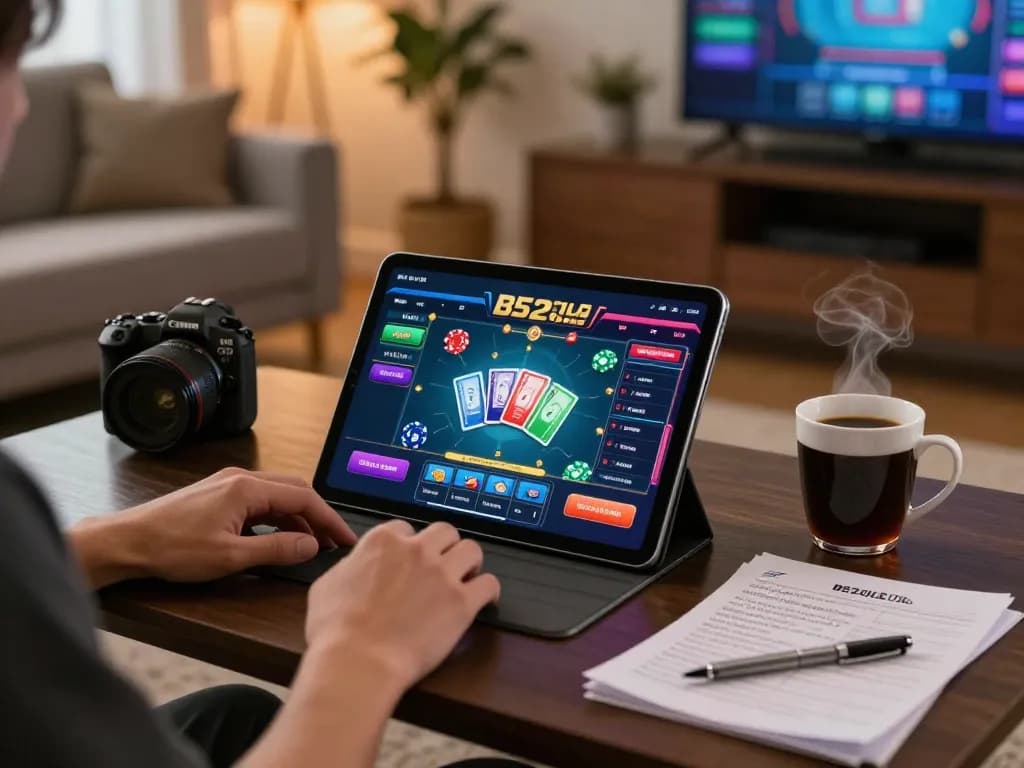 B52club app displayed on tablet as user engages in dynamic online gaming experience at home.