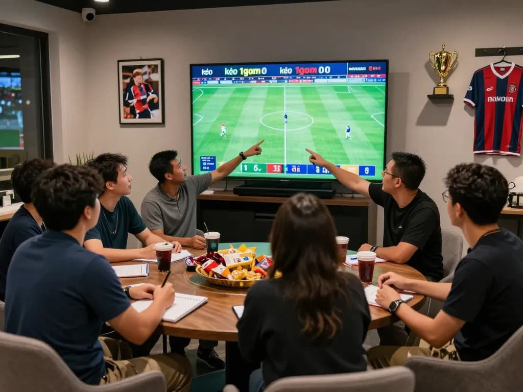 A vibrant sports lounge filled with bettors analyzing kèo 1gom while watching live matches on a big screen.