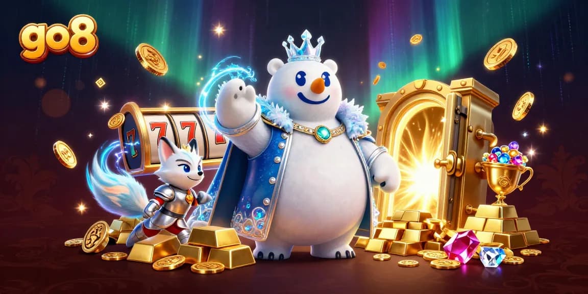 Engage at go8 with a vibrant illustration of a polar bear king and snow fox in a gold-filled casino.