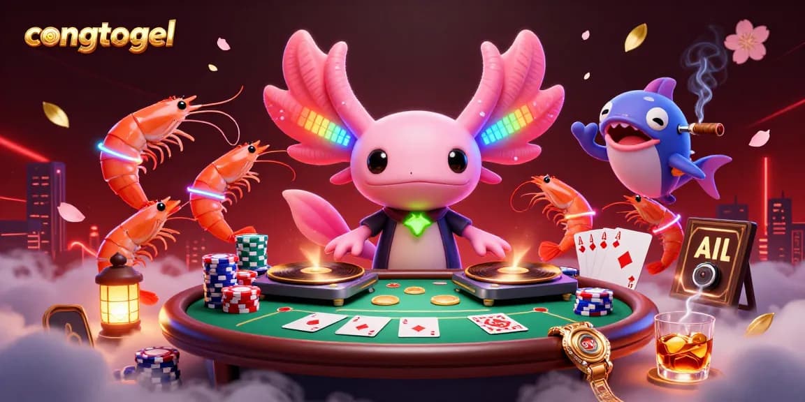 Experience thrilling gameplay with congtogel as axolotl DJ and shrimp dancers energize a poker scene.