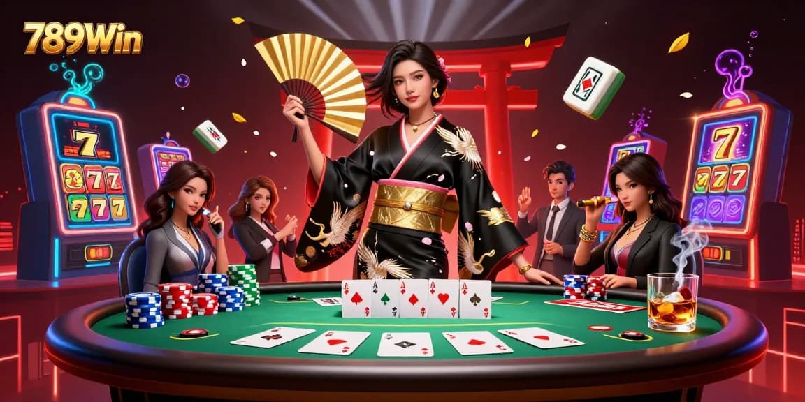 Engage with 789Win's dynamic casino scene featuring elegant Asian woman, poker elements, and rich, vibrant colors.