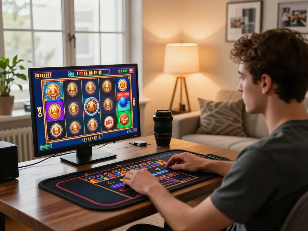 A player enjoying an engaging mm88 mobile slot game in a cozy home setup with vibrant graphics and warm lighting.