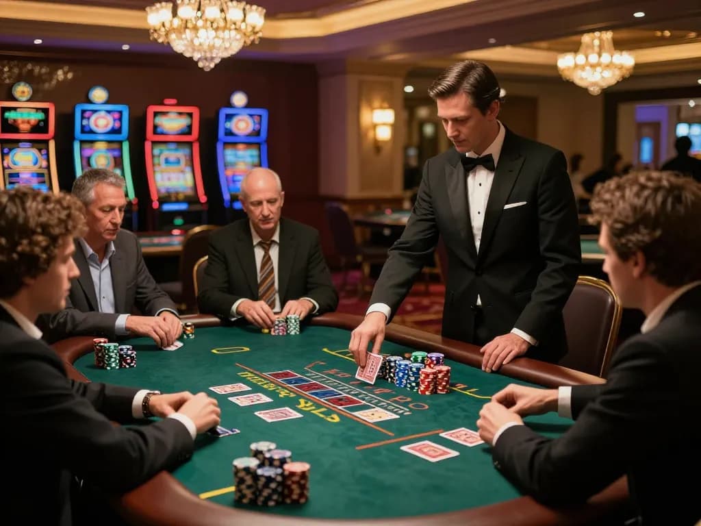 Players strategizing at fabet's high-stakes blackjack table in a luxury casino.
