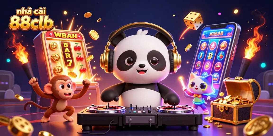 Engage with nhà cái 88clb through vibrant online gaming action featuring a DJ panda at a lively casino scene.