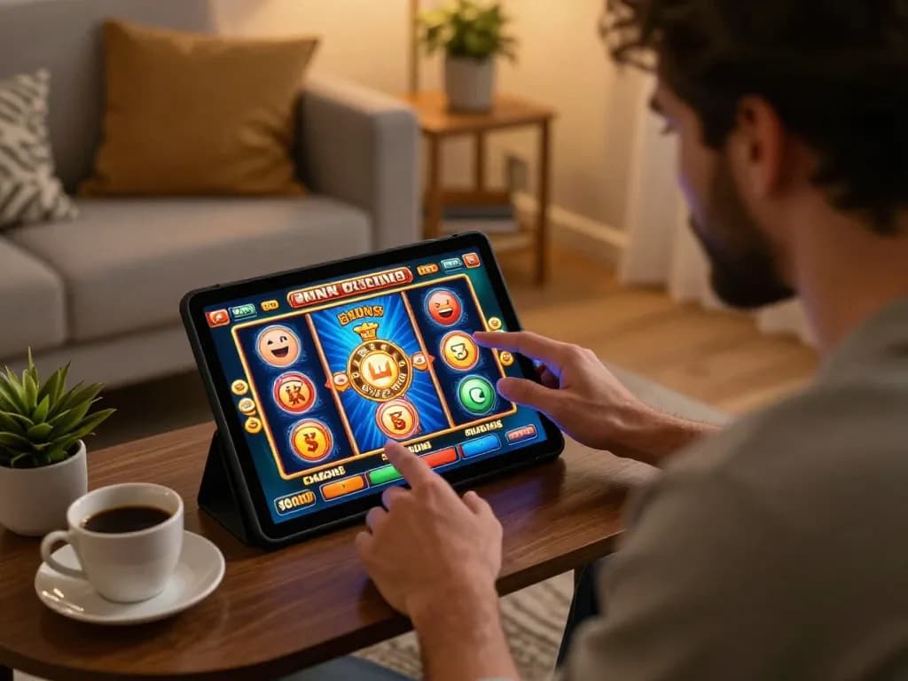 Pemain menikmati permainan slot online dengan aman788 di tablet dalam suasana rumah yang nyaman