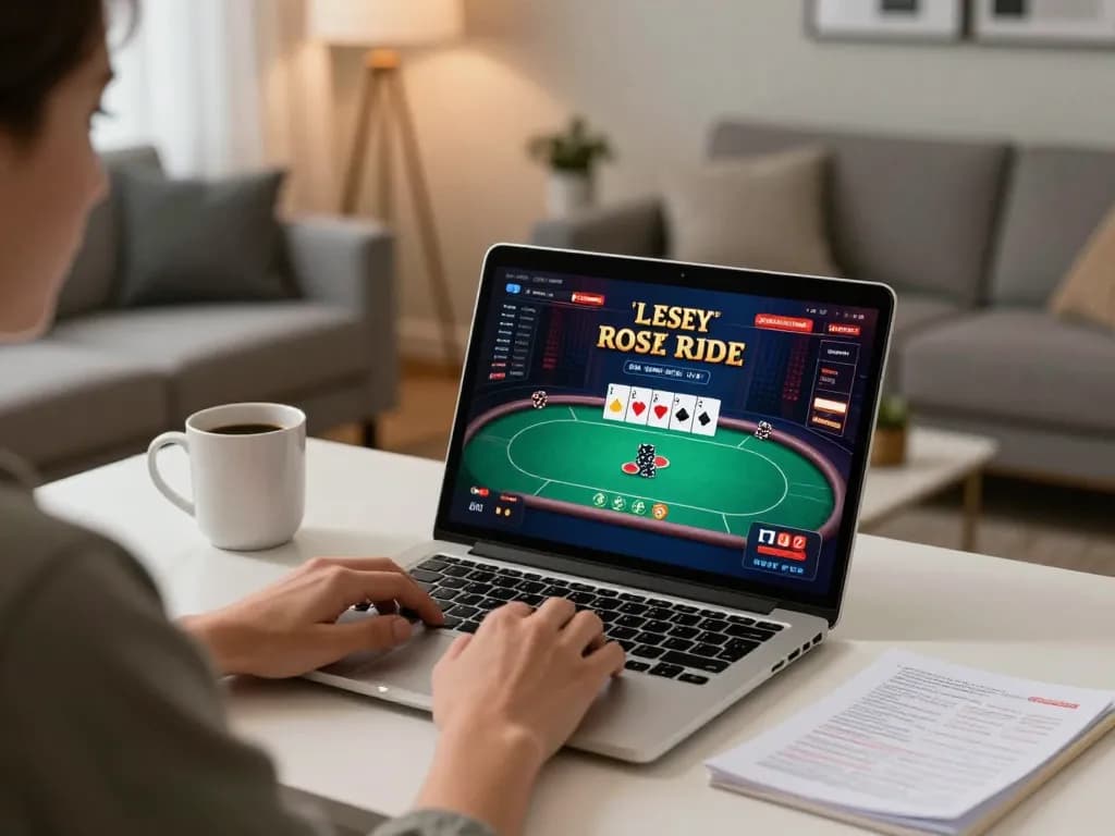 Player engaging with online casino game on laptop, surrounded by notes for strategic lsa insights.