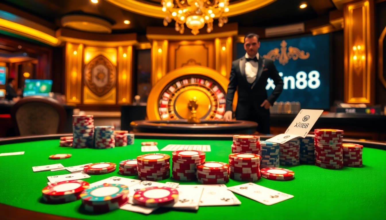 Experience excitement at xin88 with a luxurious casino table featuring colorful poker chips and cards.