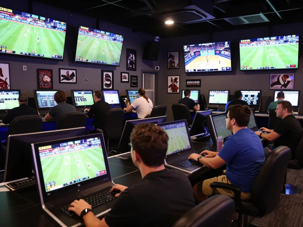 Bettors engaging in live sports betting at kuwinfi with multiple screens displaying games and dynamic atmosphere.