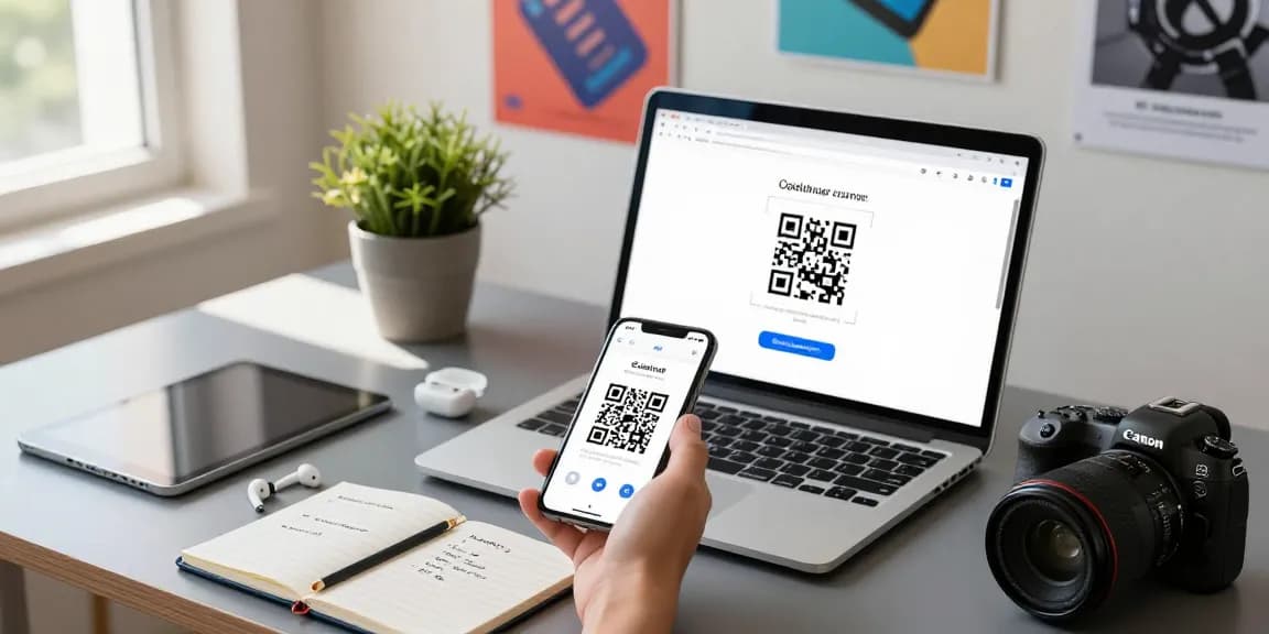 Individual using a qr code scanner on a smartphone in a modern home office setting.