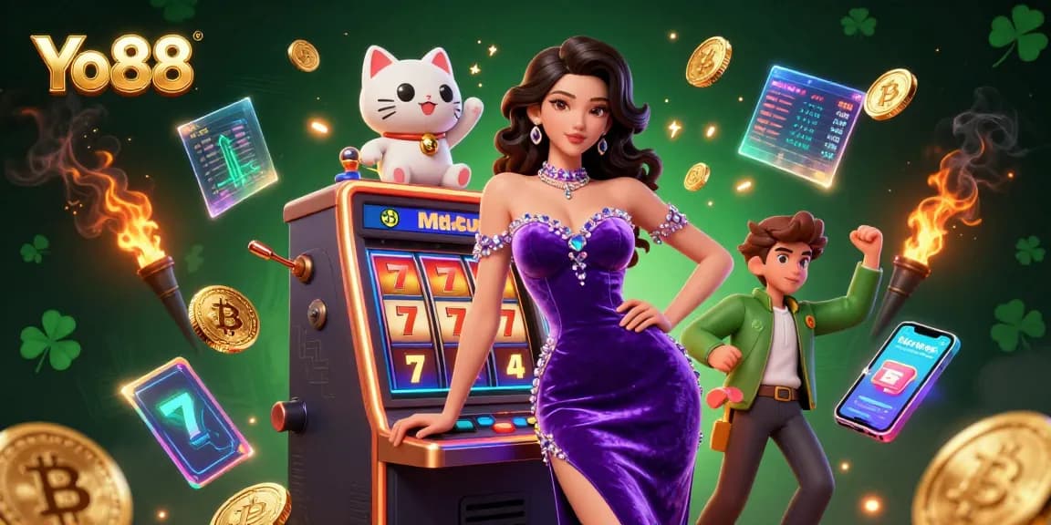 Experience thrilling gameplay at Yo88 with a glamorous 3D scene featuring jackpot excitement and vibrant casino elements.