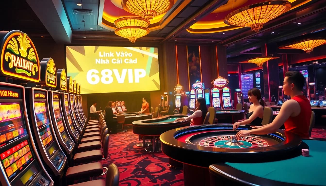 Engaging scene of players enjoying the Link Vào Nhà Cái 68VIP at a high-end casino with vibrant slot machines.
