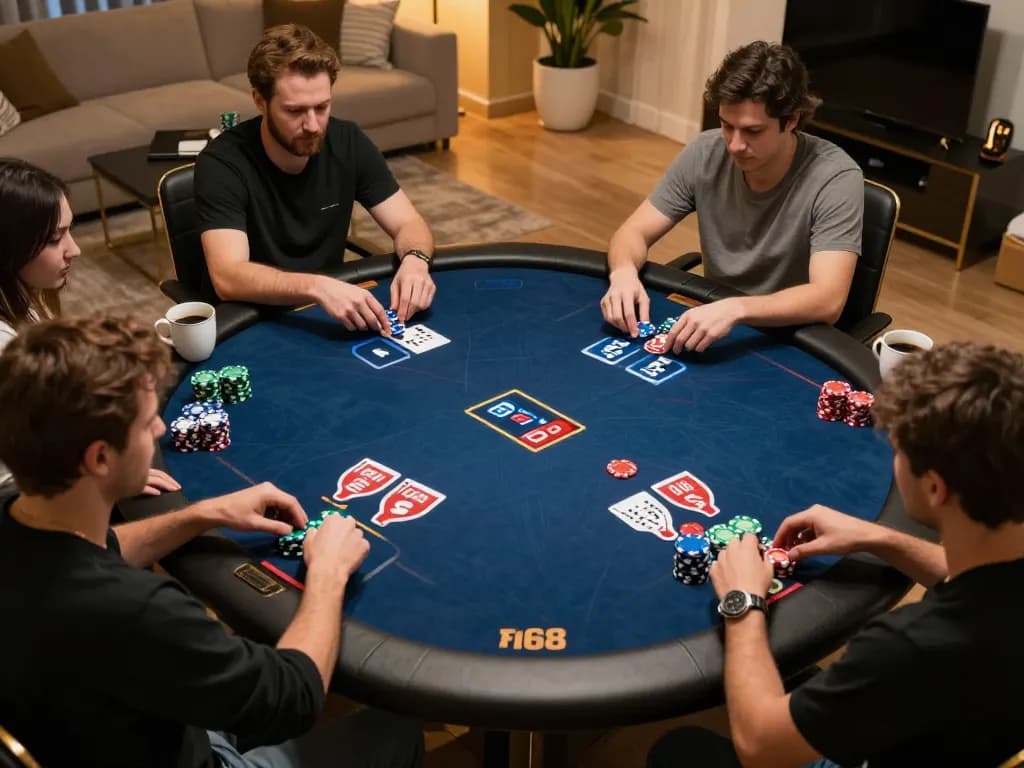 Players engaging in a thrilling online poker game at F168, showcasing strategy and excitement in a cozy atmosphere.