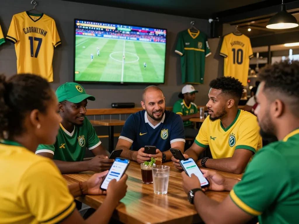 Engaged fans enjoying sports betting South Africa at a lively bar during a live soccer match