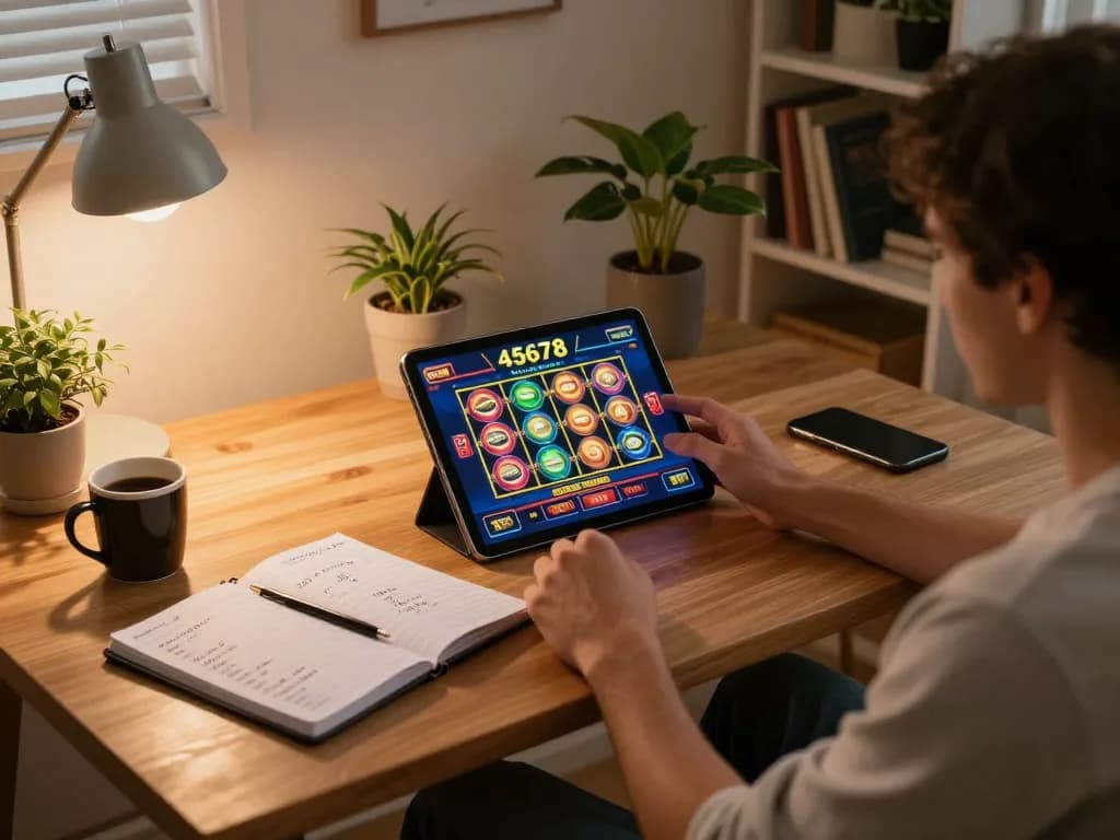 Engaging in online gaming at 45678 casino, a player uses a tablet for slots, highlighting a cozy setup.