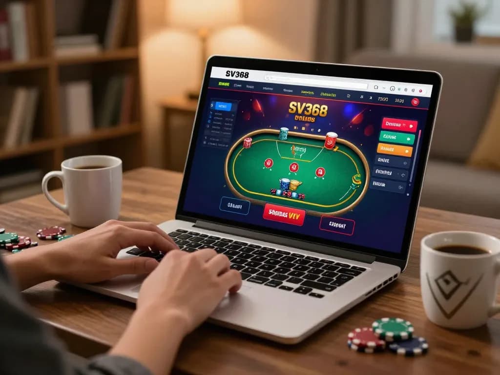 Engaging with SV368's online poker platform on a laptop, showcasing strategic gameplay and comfortable home setting.