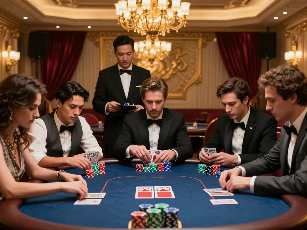 FC88 players engaged in an intense poker game with vibrant chips and focused expressions.