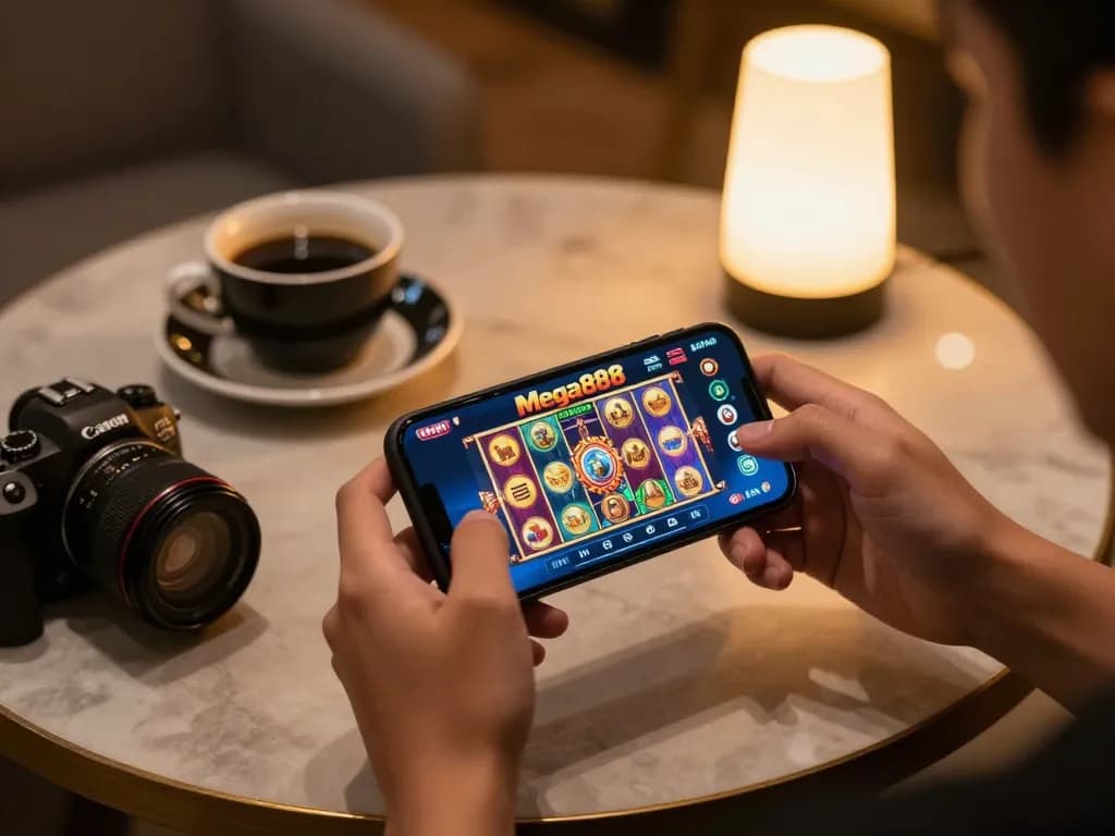 Enjoy playing mega888 apk on a smartphone in a cozy cafe setting, showcasing vibrant slot game graphics.