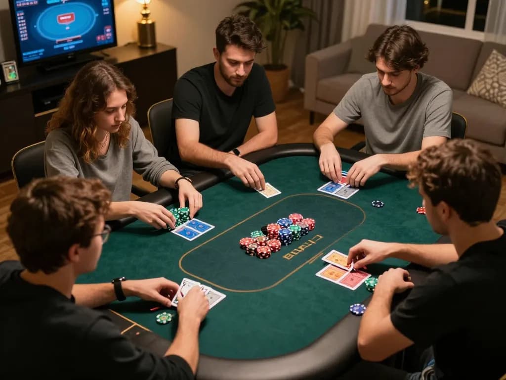 Players engage in strategic decisions during an OPEN88 online poker game in a cozy home setting