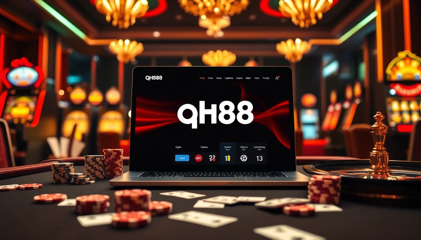 Gambling excitement at qh88 casino with poker chips and roulette wheel on display.