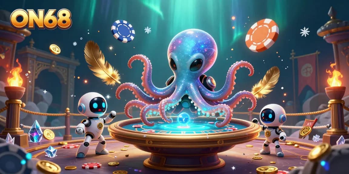 Engage with ON68 at a cosmic poker table featuring an alien octopus and robot in a vibrant gambling universe.