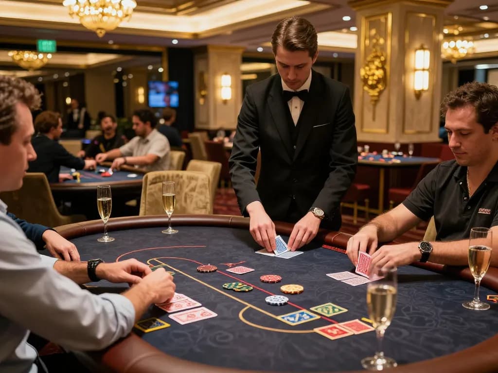 Players enjoying poker at a luxurious VIP table in a high-stakes casino atmosphere, highlighting ok8386.
